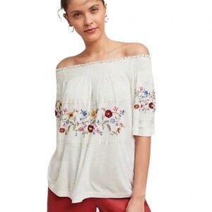 Anthropologie Ranna Gill Washoe Floral Embroidered Off Shoulder Jersey Top SZ M